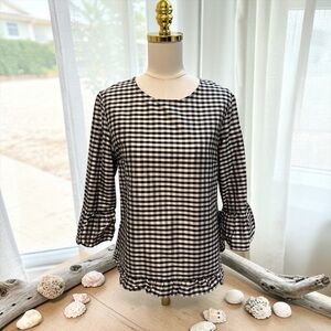 Sara Campbell Women’s M Gingham Check 100% Silk Ruffle Hem 3/4 Bell Sleeve Top